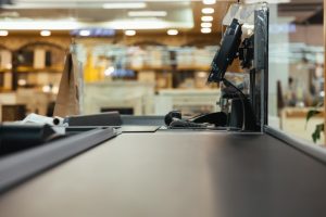 Empty cashier work place at the supermarket